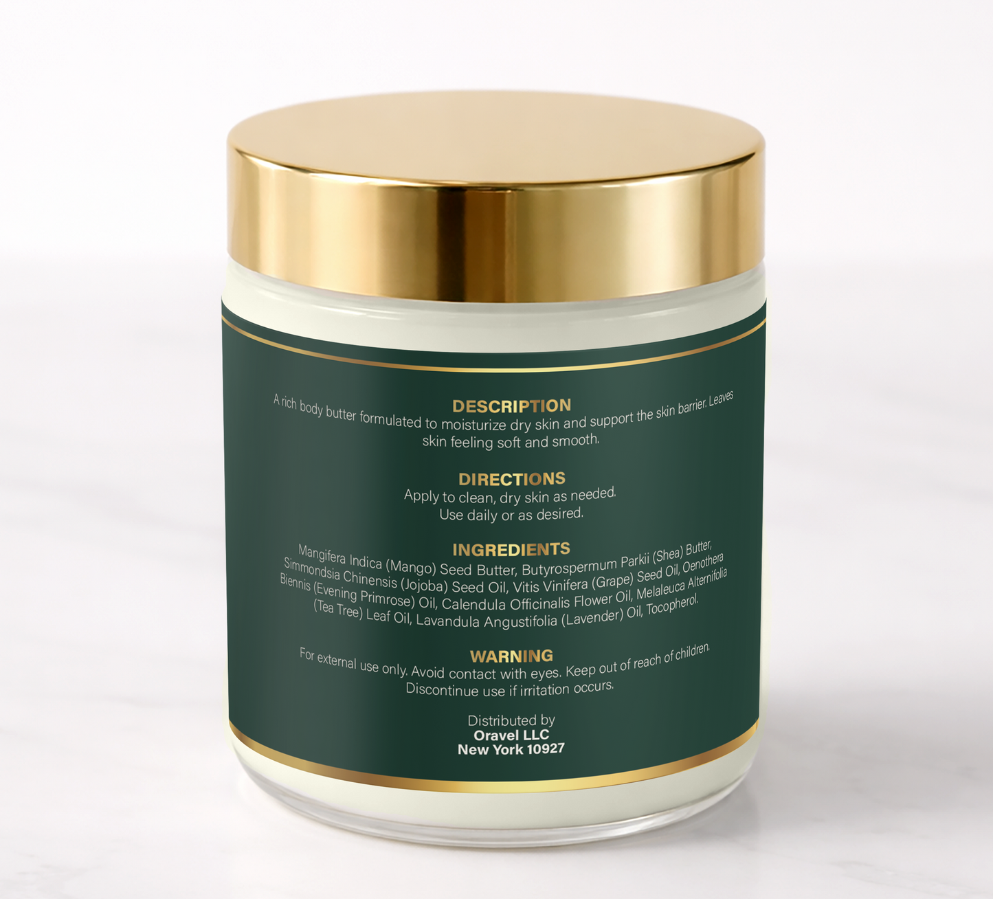 ORAVÉL Restore Butter barrier repair body butter in clear jar with brushed gold lid