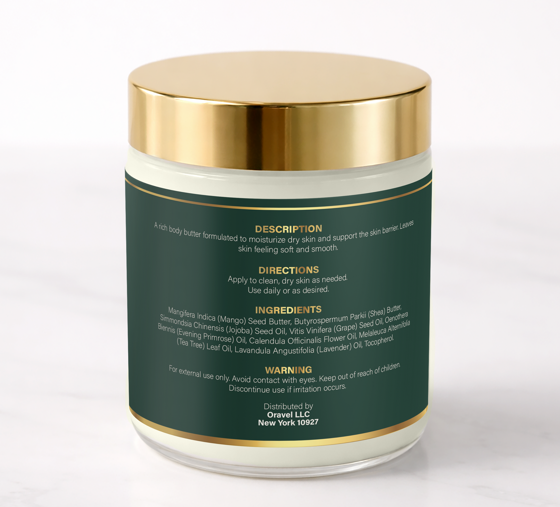 ORAVÉL Restore Butter barrier repair body butter in clear jar with brushed gold lid