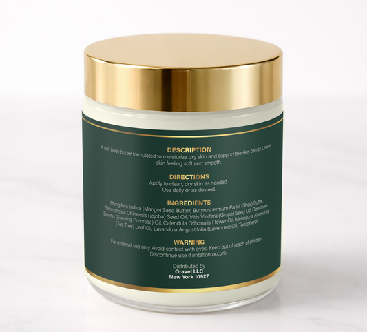 ORAVÉL Restore Butter barrier repair body butter in clear jar with brushed gold lid