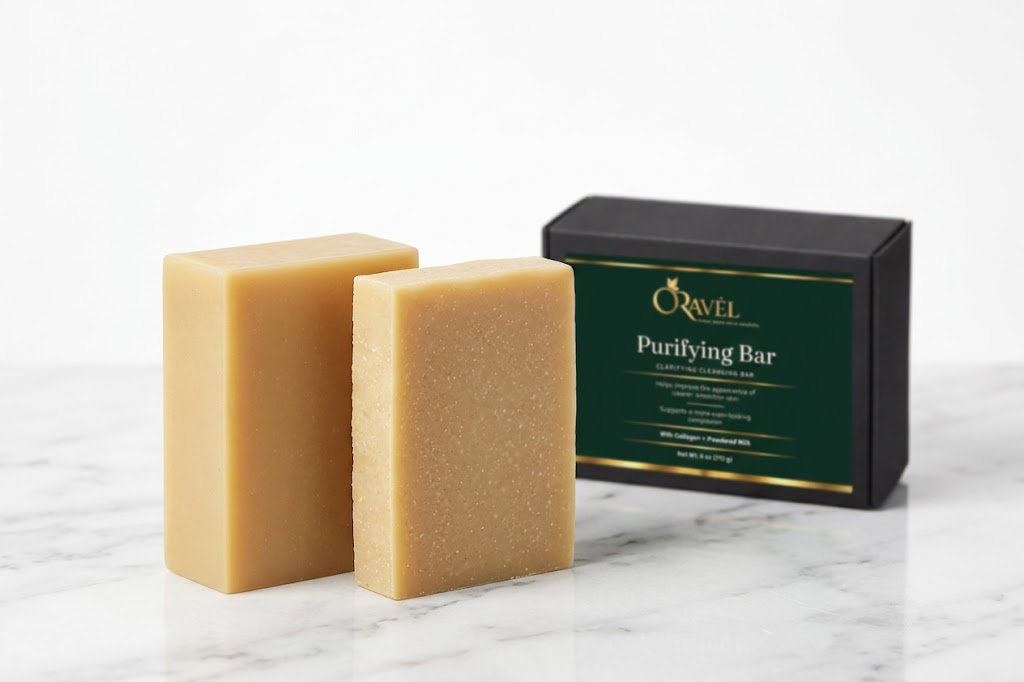 ORAVÉL Purifying Bar clarifying cleansing bar in black box packaging with gold border label